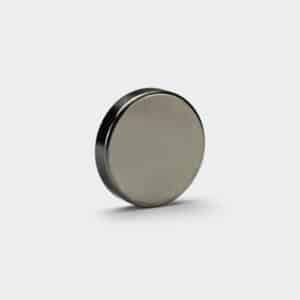 A round NdFeB magnet with smooth black nickel plating surface treatment.