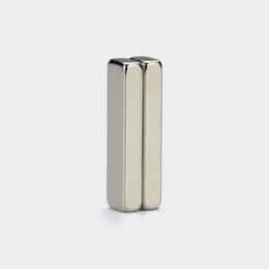 Two rectangular strongest NdFeB magnets with silver nickel plating, vertically stacked together.