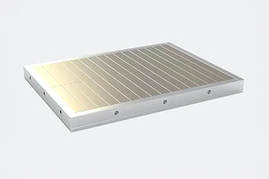 A rectangular Halbach array plate built with nickel plated NdFeB magnets and a precisely machined aluminium frame.