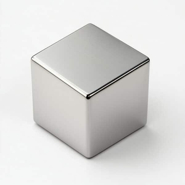 A silver grey nickel plated NdFeB cube magnet placed on a white background.