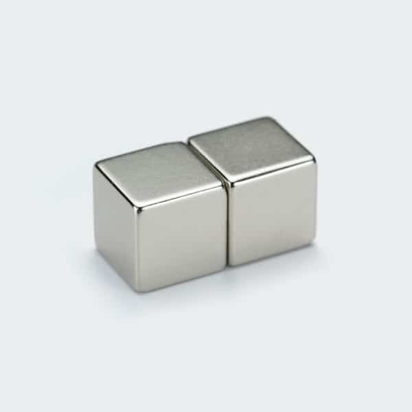 Two shiny nickel plated rare earth cube magnets made from one of the highest grades N50.