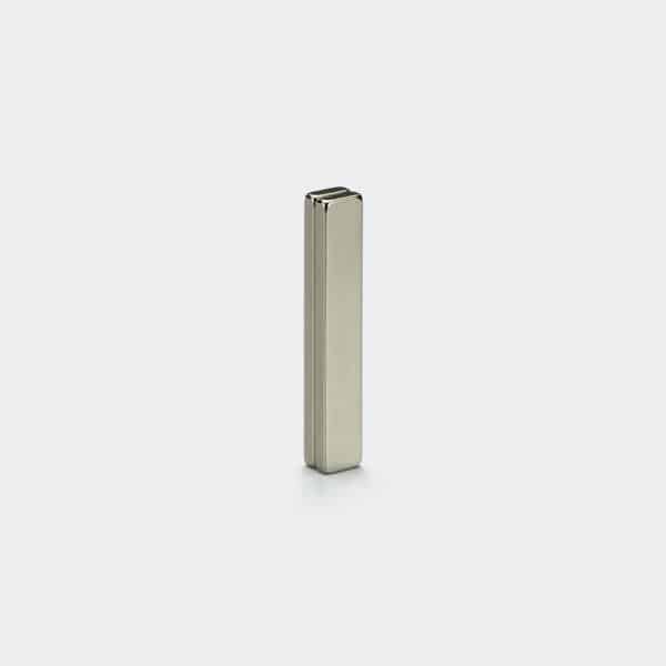 Two nickel plated temperature resistant neodymium bar magnets made from material TH vertically stacked together.