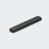 A black epoxy coated long thin neodymium block magnet made from material grade H up to 120°C on a white desk