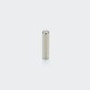 A small diameter 3mm nickel plated NdFeB cylinder magnet vertically placed on a white background with its flat end