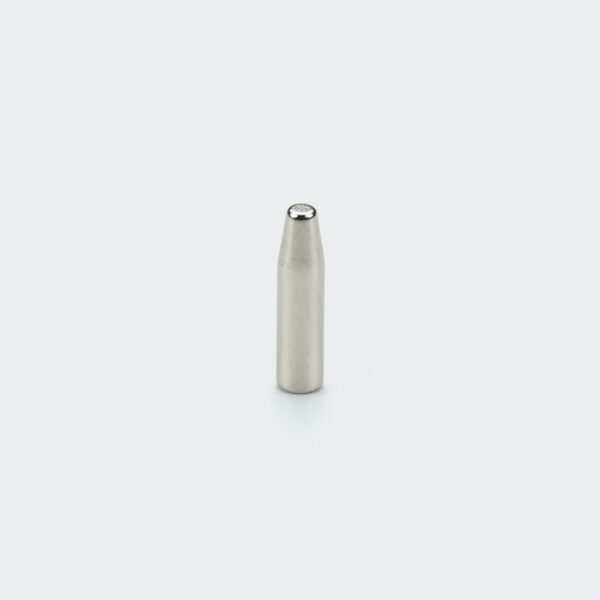 A small diameter 2.5mm rare earth cylinder magnet with a rounded tip and plated with shiny nickel