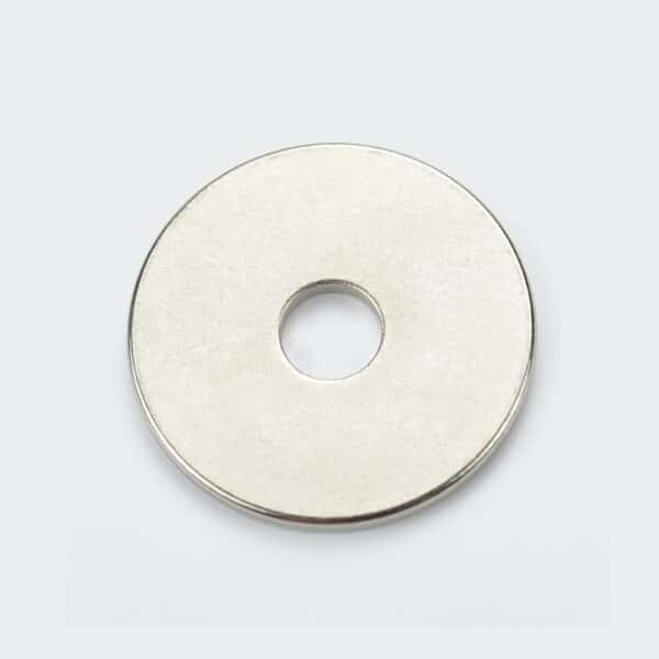 A round neodymium disc magnet with an outer diameter 22mm with a center hole and sliver nickel plated surface