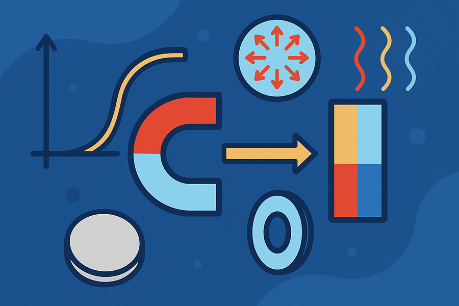 Diagram showing coercivity concepts with magnets: graph curve, horseshoe magnet, disc and ring magnets, directional arrows, and color-coded magnetic zones on blue background.