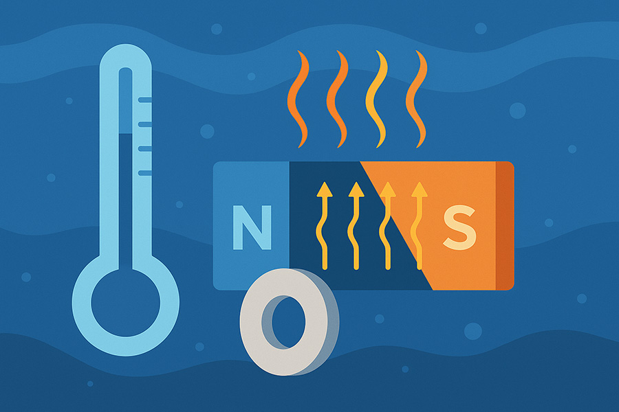 Graphic illustration of magnet Curie temperature concept: blue thermometer, ring magnet, and bar magnet divided into blue N (north) and orange S (south) poles with heat waves.
