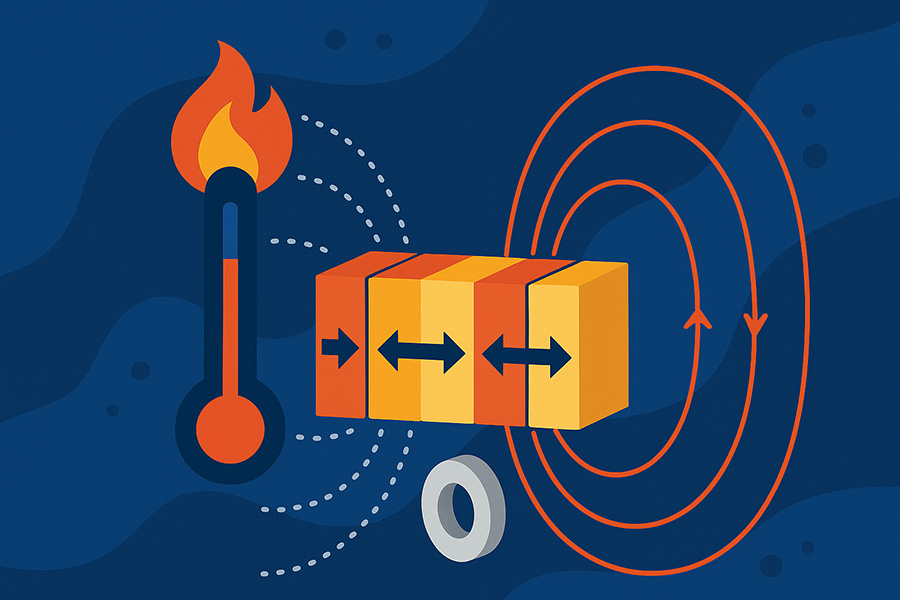 Illustration of a Halbach array magnetic system showing heat source, alternating magnetic blocks with directional arrows, and concentrated field loops on one side.