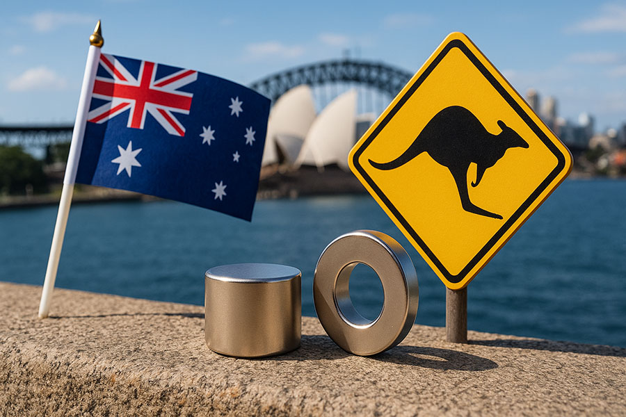 Two cylindrical neodymium magnets displayed with Australian symbols: Australian flag, kangaroo warning sign, and Sydney Harbor backdrop featuring Opera House and Harbor Bridge.