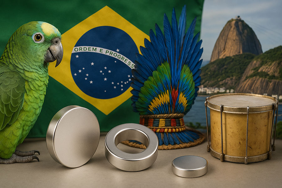Silver neodymium magnets displayed with Brazilian symbols: green parrot, Brazilian flag, blue feathered headdress, small drum, and Sugarloaf Mountain in Rio de Janeiro visible in the background.