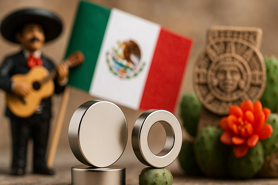 Three neodymium magnets with Mexican cultural items: silver disc and ring magnets in foreground, with mariachi figurine, Mexican flag.