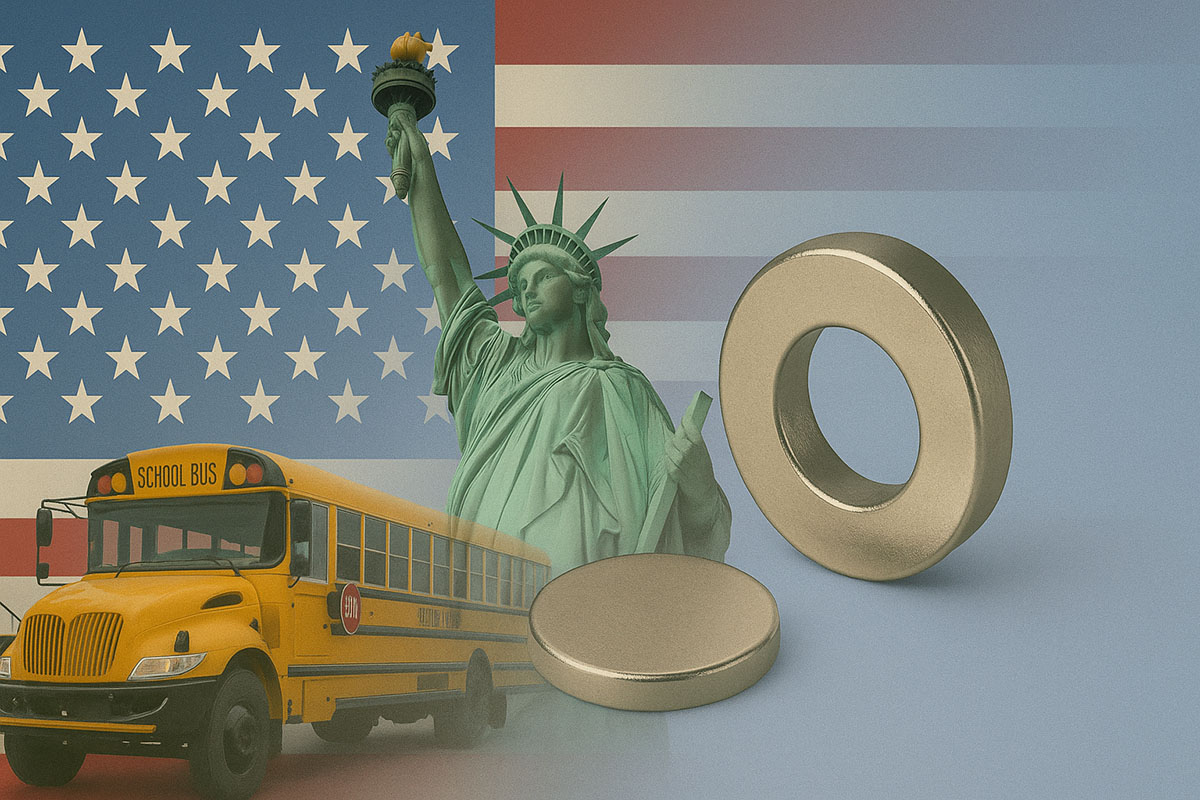 Neodymium ring and disc magnets displayed with American icons: US flag background, Statue of Liberty, and yellow school bus representing American magnetic suppliers and manufacturers.