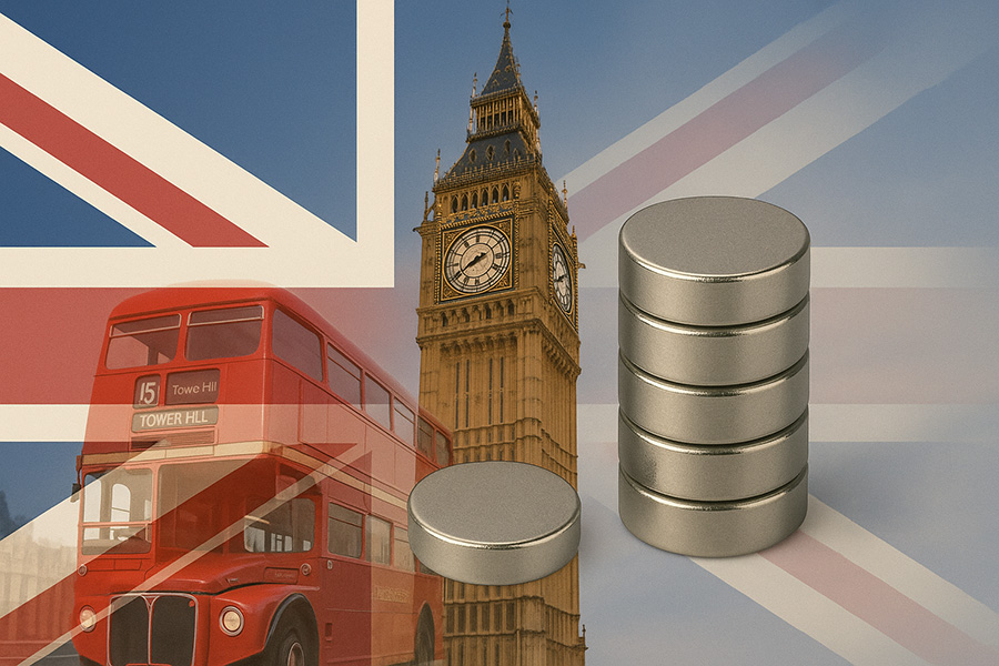 Stack of silver disc magnets with British icons: Union Jack flag background, red double-decker bus to Tower Hill, and Big Ben clock tower representing UK magnetic suppliers and manufacturers.