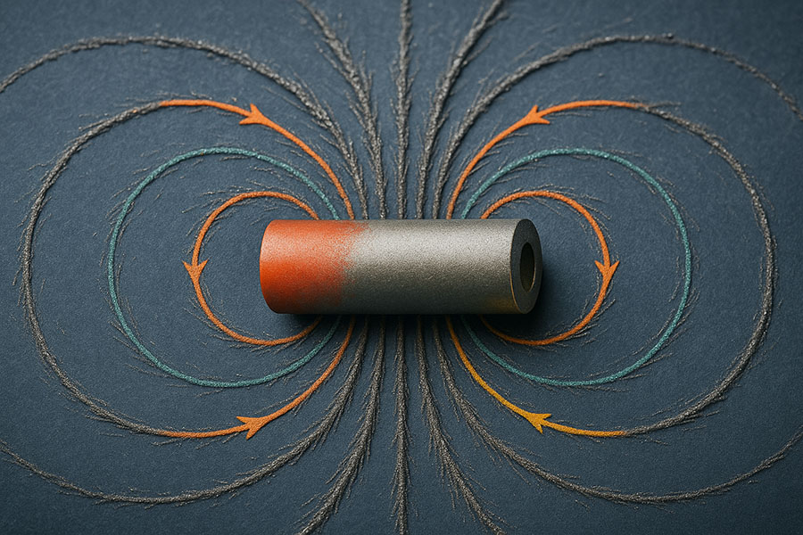 Cylindrical magnet with orange-tipped ends showing magnetic field lines with arrows illustrating magnetic flux density on dark background.