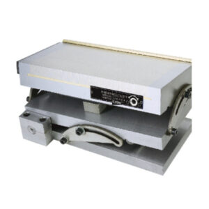 Double sine plate super magnetic chuck MCC series with fine parallel pole strips, rotary on/off switch, specification label, side angle adjustment wheel, and front locking handle for compound angle precision grinding.