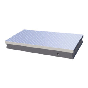 Micro pitch electromagnetic chuck with ultra-fine diagonal pole strips on a blue-tinted pole surface, and gray steel base body for precision surface grinding workholding.