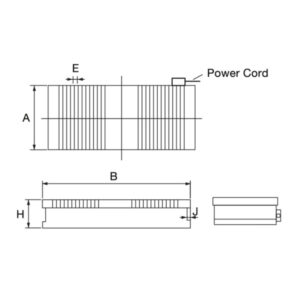 Technical dimension drawing of micro pitch electromagnetic chuck EMA series, showing top, front, and end views with A, B, H, E pole pitch, J, and power cord position measurements.