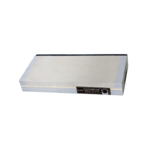 Normal fine pitch permanent magnetic chuck with closely spaced parallel pole strips, side-mounted rotary on/off switch, and specification label for surface grinding workholding.