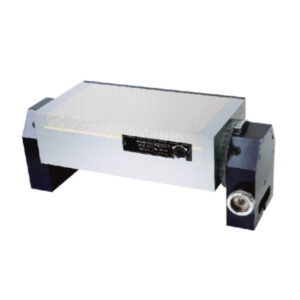 Rotary micro pitch permanent magnetic chuck with ultra-fine parallel pole strips, specification label, rotary on/off switch, and side-mounted motorized rotation drive unit for cylindrical grinding workholding.