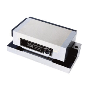 Single sine plate with fine pitch permanent magnetic chuck MCS series, showing fine parallel pole strips, rotary on/off switch, specification label, and angled sine plate base for precision angle grinding.